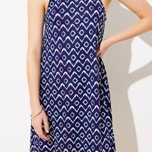 LOFT Navy Batik Patterned Halter Swing Dress; Small.